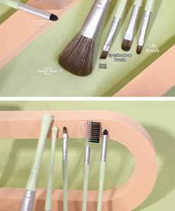 Detailed set of 7 matcha green makeup brushes with soft bristles for powder and eyeshadow