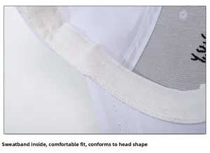 Detailed close-up of the internal sweatband on this white adjustable cotton baseball cap