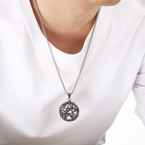 Gothic pentagram triple moon necklace in silver stainless steel for men with long chain