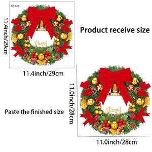 Size comparison detail of Christmas wreath window stickers showing dimensions and assembly