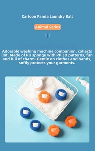 Detail of blue and orange panda laundry balls for hair removal and cleaning in washers