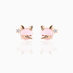 Macro detail of cat-shaped stud earrings with pink beads and 18K gold-plated metal whiskers