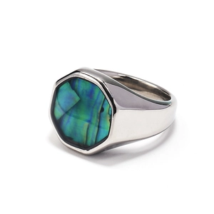 Silver octagonal stainless steel ring featuring iridescent abalone shell inlay design