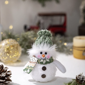 Detailed view of a plush snowman with a green knit hat and scarf in festive holiday setting