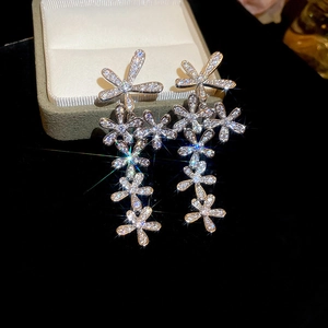 Sparkling silver zircon flower drop earrings with long tassel fringe for women