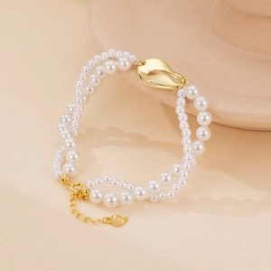 Elegant 925 silver double-layer coffee bean pearl bracelet with gold hardware and heart charm