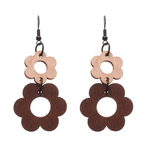 Bohemian retro hollow wooden flower drop earrings in dark and light brown natural finish