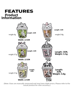Detailed size chart showing dimensions and weight for cute animal enamel brooches