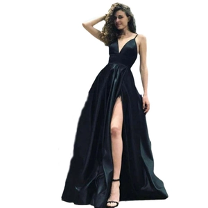 Elegant black satin evening gown with sexy V-neckline, spaghetti straps and high side slit