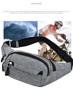 Detailed view of gray textured fanny pack with multiple pockets and adjustable buckle strap