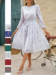 Robe Midi Femme Imprimé Fleuri À Pois Manches Longues Col Rond Taille Nouée Ligne A Élégant Loisirs Vacances