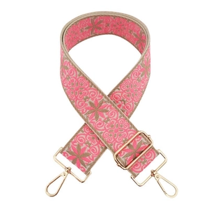 Detailed view of pink ethnic floral embroidery on a 5cm wide thick jacquard bag strap