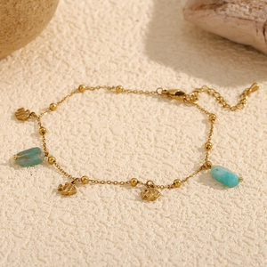 Elegant 18K gold plated anklet with fish charms and natural turquoise amazonite stone
