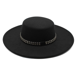 Classic black wide-brimmed wool fedora hat with punk-style metal pyramid stud band