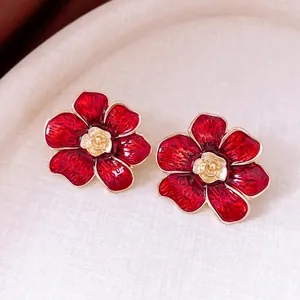Vintage style red enamel flower stud earrings with gold center for women accessories