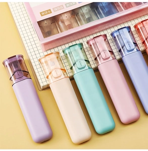 Close-up of six pastel highlighters on a notebook with flat body design and soft colors