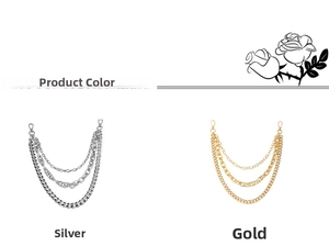 Detail view of multi-layered silver and gold metal waist chains with lobster clasps