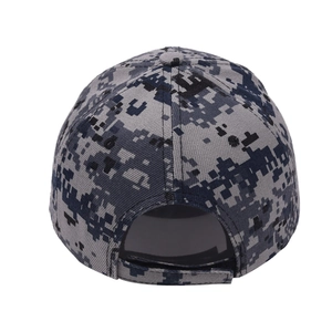 Rear view of digital camouflage baseball cap with adjustable Velcro strap and mesh texture