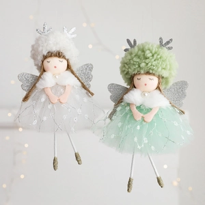 Christmas angel doll ornaments with mesh skirts, reindeer antlers, and sequins for tree decor