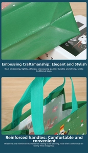 Detail of reinforced handles and embossed texture on a large green Christmas gift bag