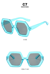 Detail view showing the side and front angles of polygon light blue sunglasses frame