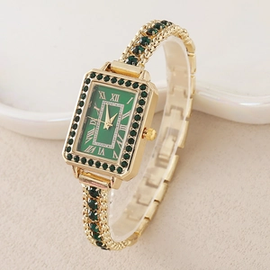Montre vintage carrée pour femme en métal doré avec cadran vert et cristaux verts