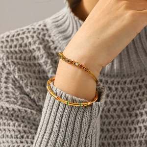 Bamboo Bangle And Colorful Zircon Snake Chain Bracelet 18K Gold Plated Stainless Steel Geometric Jewelry For Women