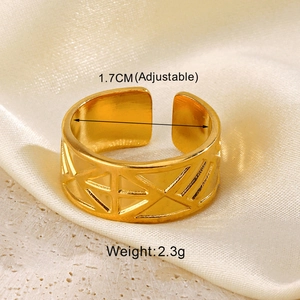 Macro shot of 18K gold plated stainless steel ring with geometric triangle textures
