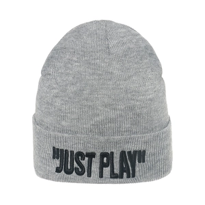 Detailed close-up of gray knitted beanie featuring black JUST PLAY embroidered lettering