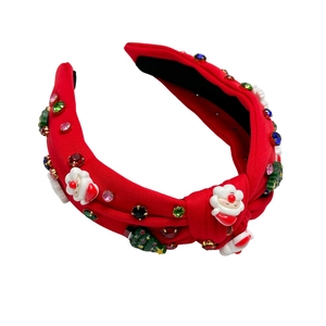Red knotted headband with Christmas tree Santa ornaments and rhinestones for women