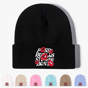 Knitted Beanie Hat Acrylic Cuffed Winter Warm Cap Embroidery Red Lips Letters Streetwear Casual For Men Women