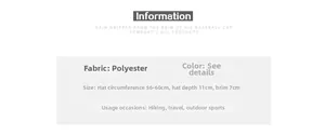 Size specifications for the wide-brim polyester sun hat including circumference and brim depth