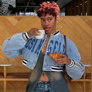 Women's blue denim cropped baseball jacket with Los Angeles print for autumn fashion