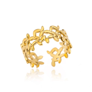 Detailed macro view of 18k gold plated stainless steel olive leaf adjustable ring