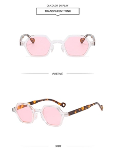 Detail view of hexagonal sunglasses with transparent pink lenses and tortoiseshell frames