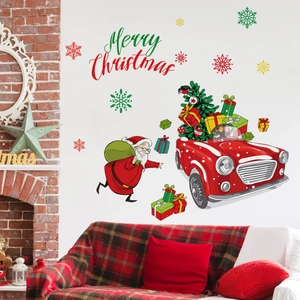 Christmas tree and Santa in a vintage red car wall decal for festive living room decor