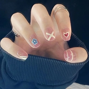 Short Ballet Press On Nails Heart Flower Design Pink Transparent Artificial Fake Nails Removable Sweet Style For Women