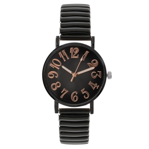 Women's quartz watch with black dial, rose gold numerals and elastic metal band