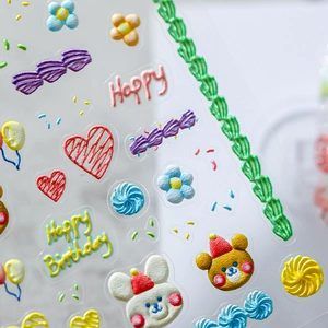 Stickers ongles relief 3D avec motifs ours lapin de fête et texte anniversaire