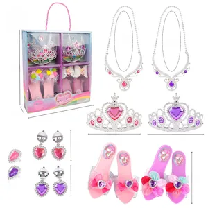 Detailed view of DIY princess dressing set with size measurements for crown and shoes