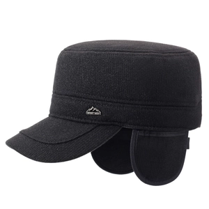 Winter wool cadet cap for men with ear protection and sport mountain metal logo