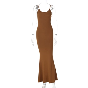 Close-up of brown bodycon maxi dress with adjustable straps and smooth fabric texture
