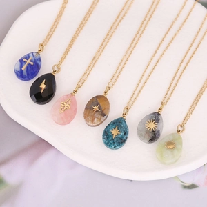 Natural Stone Teardrop Pendant Necklace Stainless Steel Gold Plated Symbols Cross Star Clavicle Chain Jewelry Women
