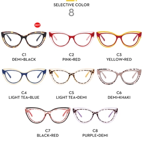 Selective color display of stylish cat-eye TR90 frames in eight varied color combinations