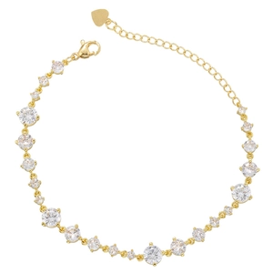 Close-up of golden adjustable bracelet with clear cubic zirconia and heart pendant