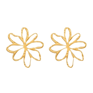 Detailed view of 18K gold plated hollow floral stud earrings on a clean white background
