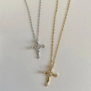 S925 sterling silver cross necklaces with small inlaid diamonds in silver and gold finishes