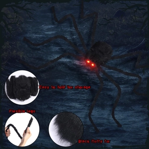Detail of giant black furry Halloween spider with glowing red eyes and flexible legs