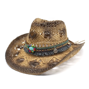 Chapeau De Cowboy Occidental Paille De Papier Ajouré Large Bord Style Ethnique Avec Perles Turquoise Glands Hommes Femmes