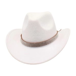 Detailed close-up of white felt cowboy hat featuring luxurious sparkling rhinestone band